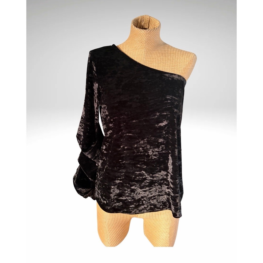 Whimsigoth Dark Cottage Witchy Black Crushed Velvet One Shoulder Top Size Medium